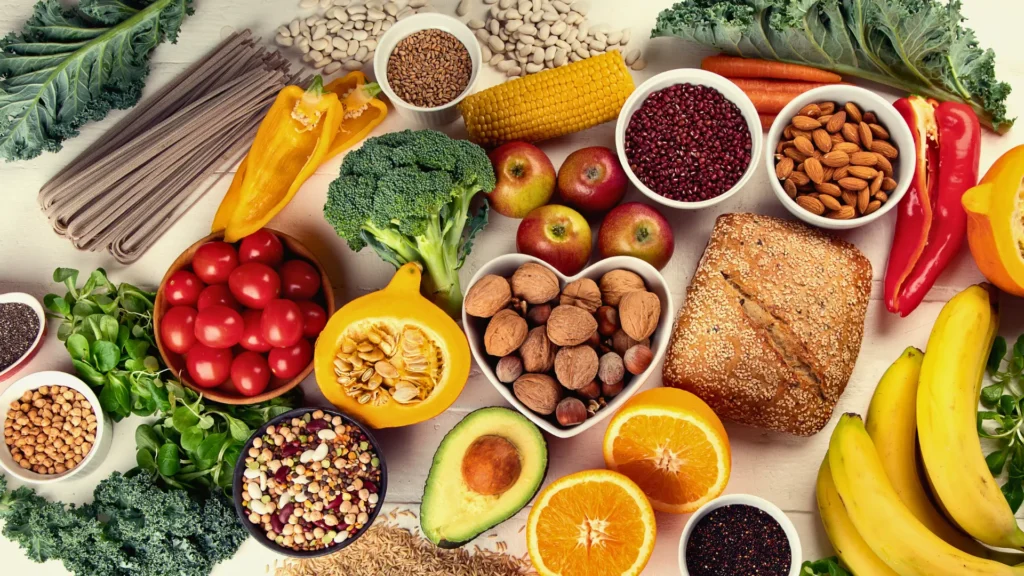 Selection of fruits, vegetables, grains, nuts and other whole foods