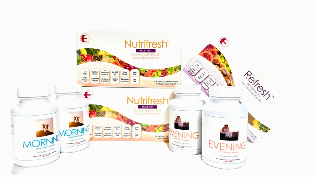 Nutrifresh and Refresh product packs arranged with Morning and Evening bottles