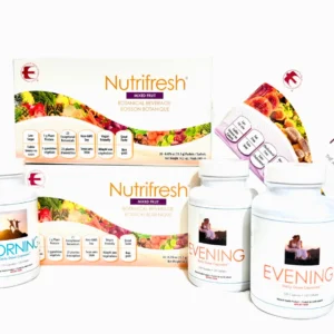 Nutrifresh and Refresh product packs arranged with Morning and Evening bottles
